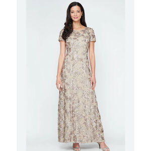 Alex Evenings Gold and Silver Embroidered Maxi Dress